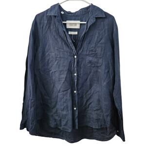 GRAYSON The Hero Linen Button Down Shirt L Navy Minimalist Beach Coastal Fall